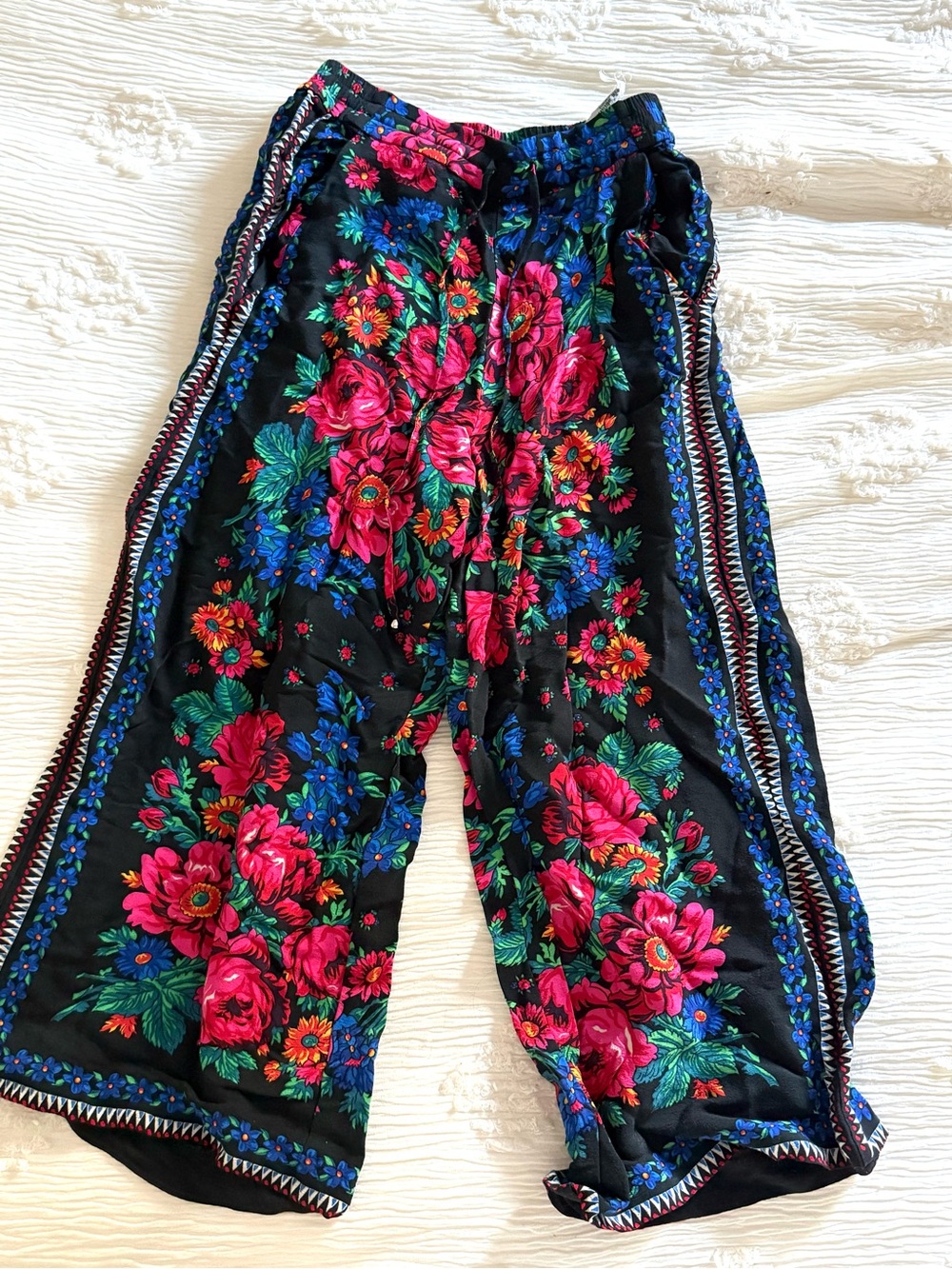 Zara Black Floral Print Skirt with Pink, Green and Blue Flowers